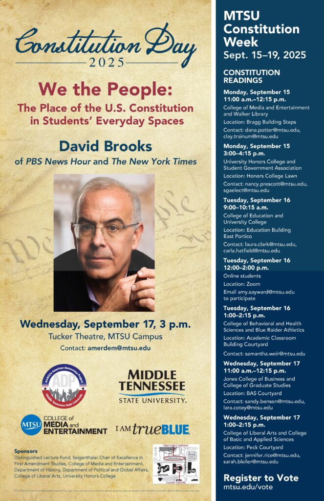 image of man with gray hair and glasses in center with Constitution as the background, dark blue bar with text on the right panel with Constitution Day Reading schedule
