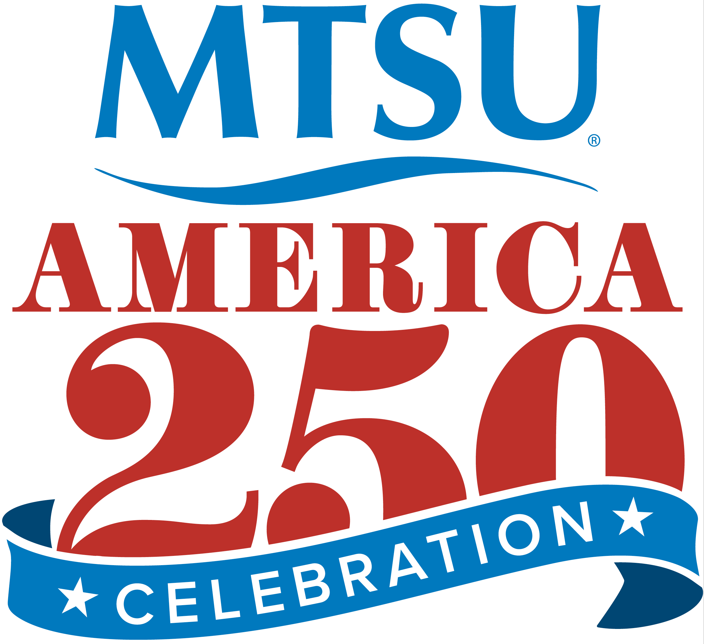 red white and blue MTSU 250 logo with white background, says MTSU America 250 Celebration with stars