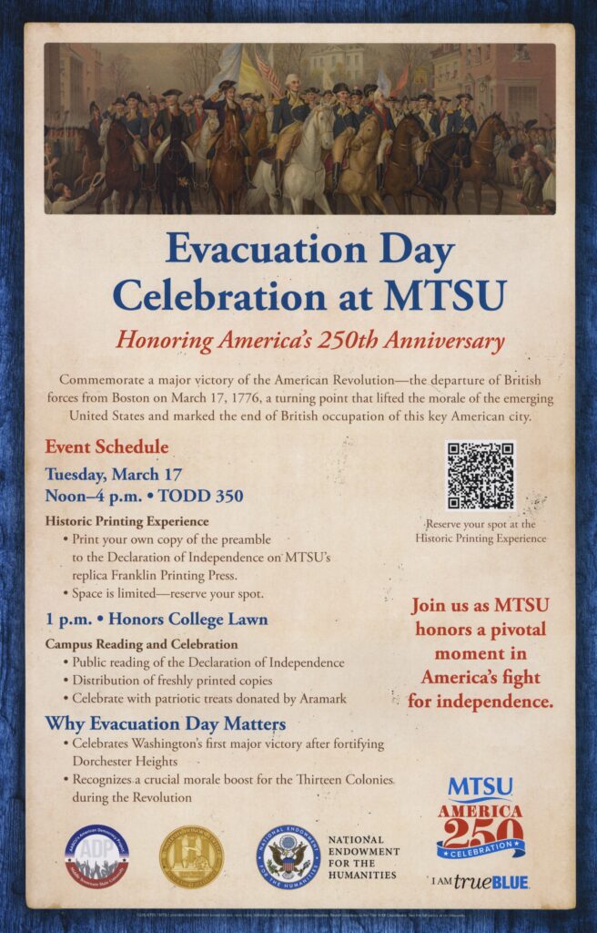 Evacuation Day poster, celebration at MTSU for America's 250th anniversary. event schedule and QR code