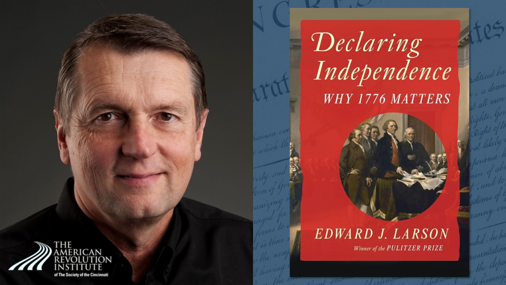 Man smiling wearing black dress shirt, next to red book cover featuring Declaration signing. © 2026 The American Revolution Institute of the Society of the Cincinnati, Inc. 
