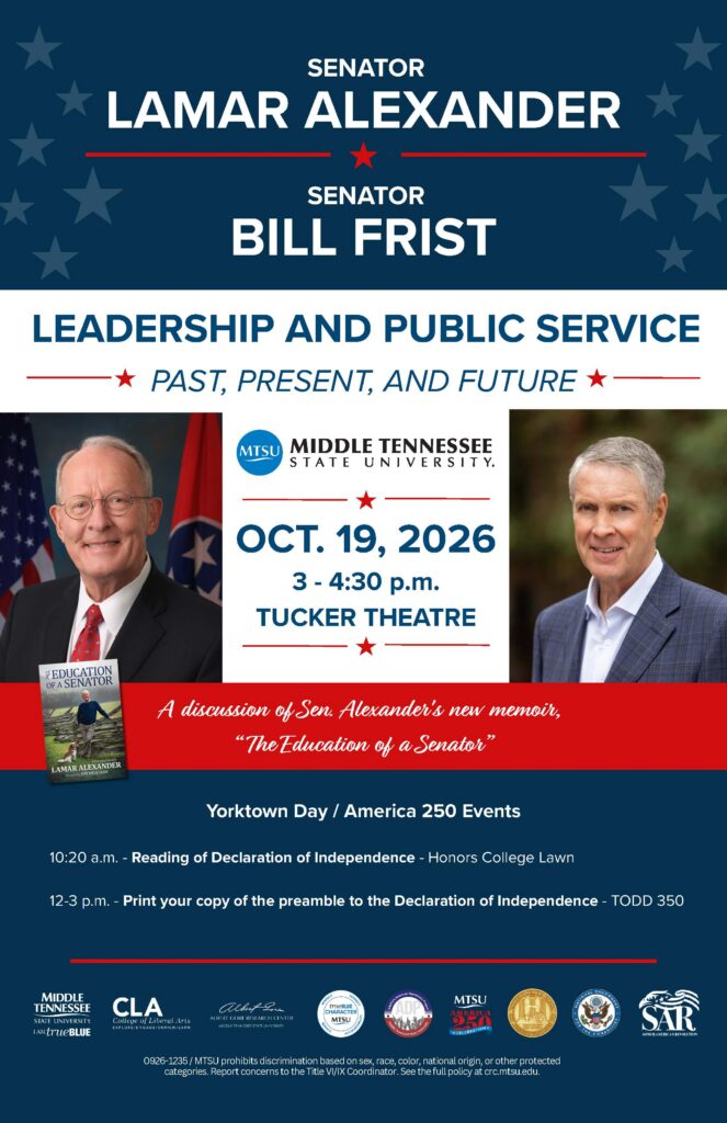 Flyer promoting a public discussion on leadership and public service featuring former U.S. Senators Lamar Alexander and Bill Frist.
